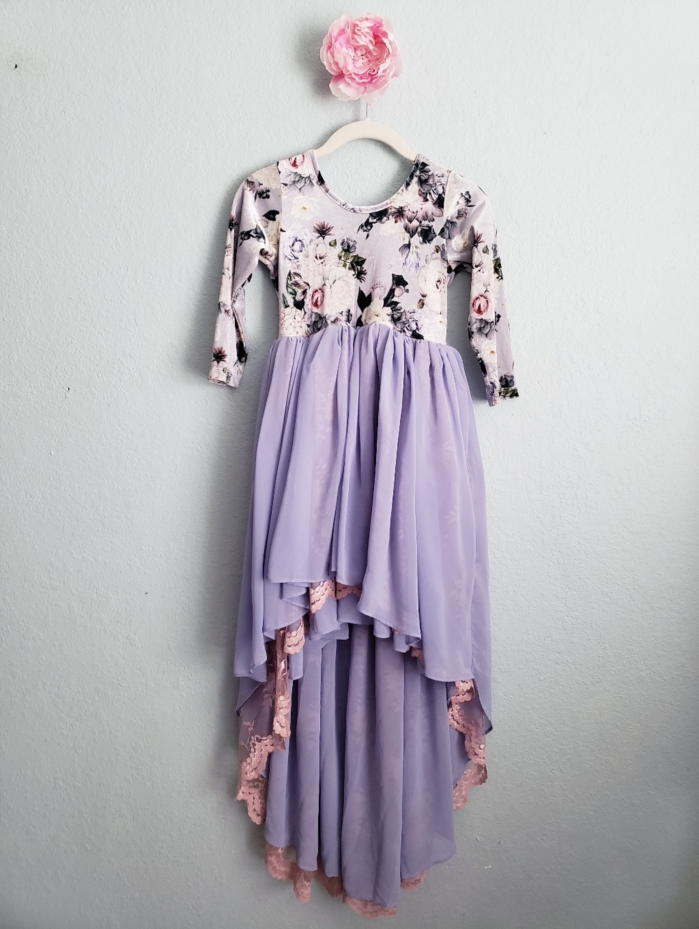 Pleiades Lilac Purple Floral Velvet Long Sleeve Chiffon Hi Low Tiered Puff Gown